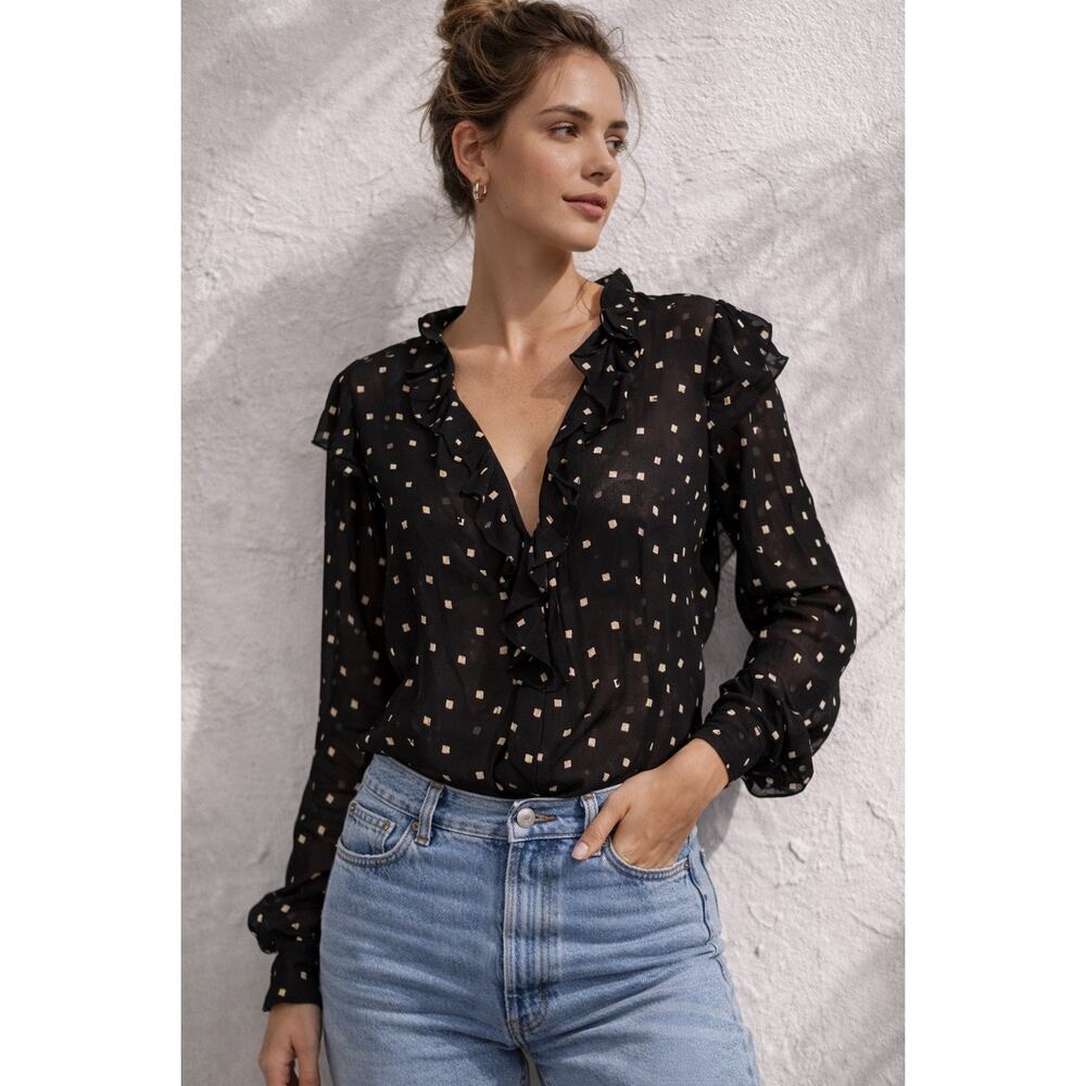 Equipment Femme Sheer Polka Dot Blouse Ruffle Silk Top Black XS Parisian Chic